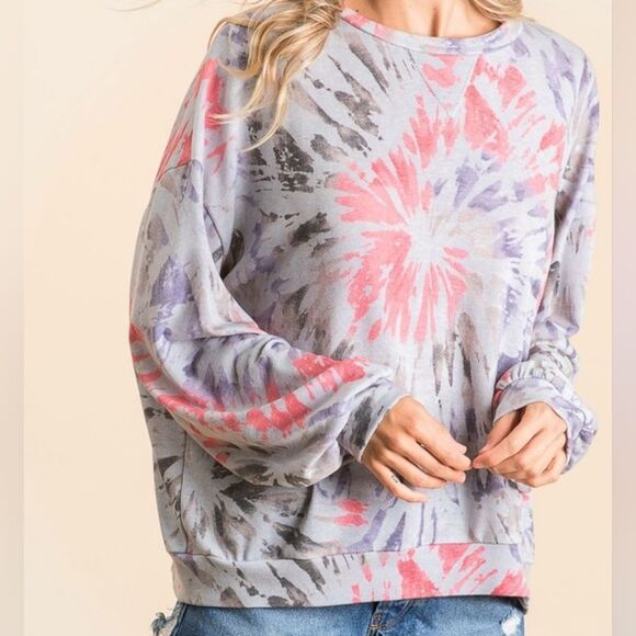 💲2️⃣0️⃣ Bundled BiBi Tie Dye Print Terry Pull Over Women's Tie-Dye Top sz Small - Picture 3 of 7